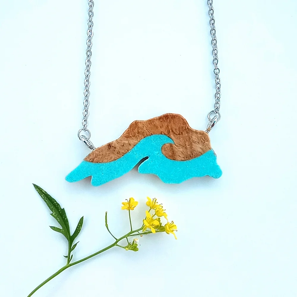 Wood and Turquoise Lake Superior Necklace - Picture 1 of 3